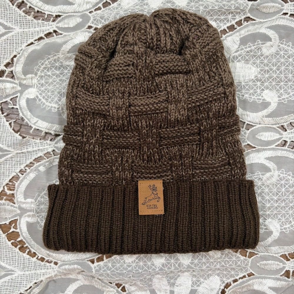 Fall Winter Cozy Brown Basket Weave Knit Beanie Reindeer Patch Sherpa Lined Hat